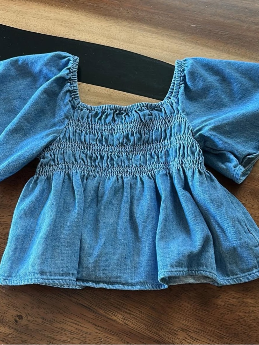 Old Navy Blue Smocked Denim-Look Kids Top